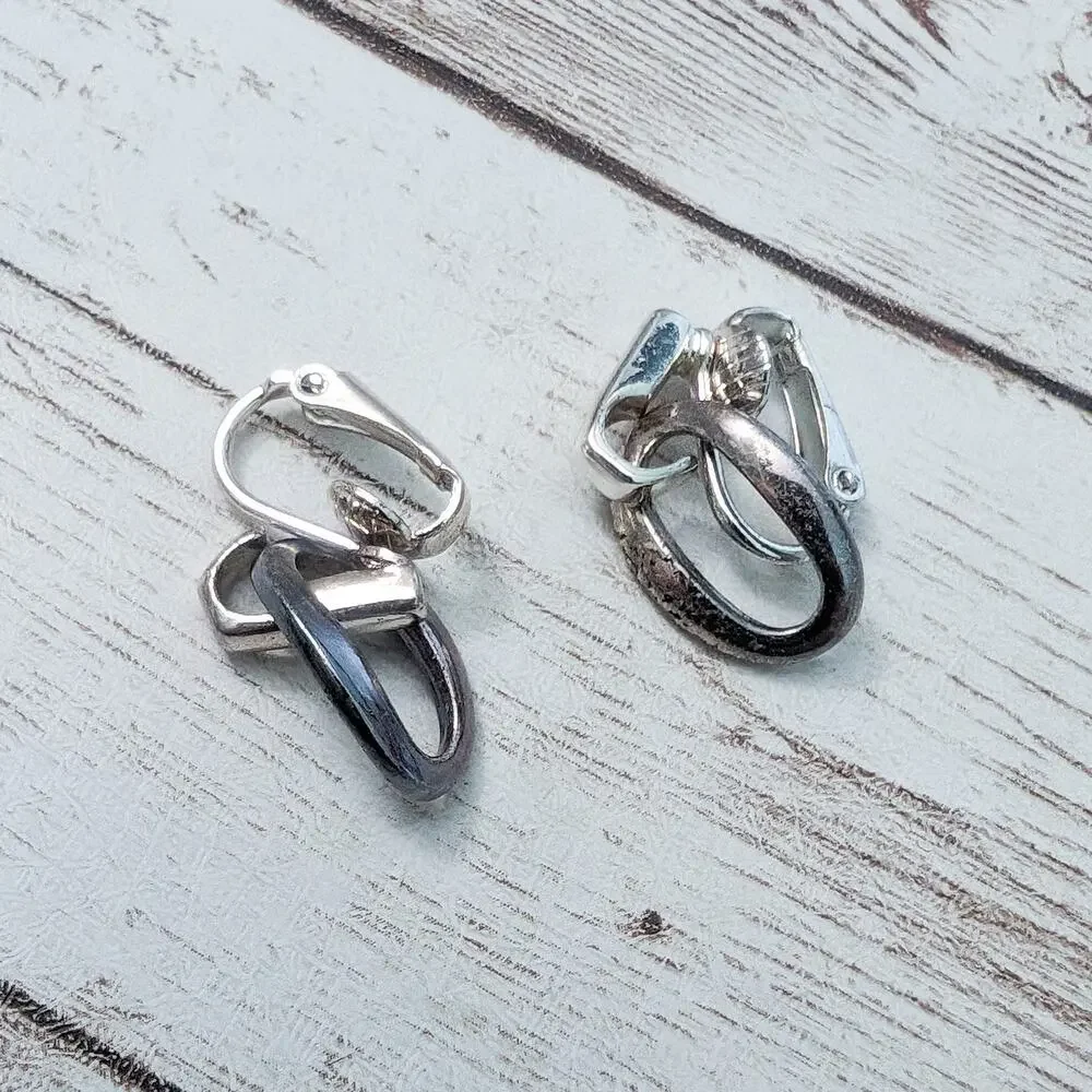 Vintage Clip On Earrings Dark Metallic Oval Dangle